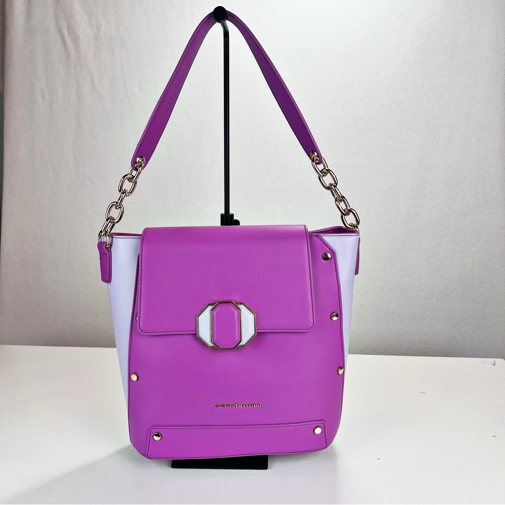 Alessia Massimo Purple Faux Leather Shoulder‎ Bag Fold Over Bright Colorful